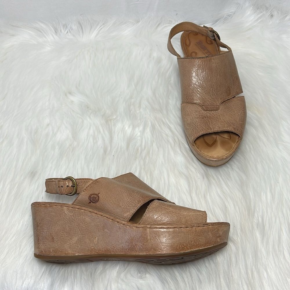 Born‎ Tanera Tan Leather  Platform Wedge Slingback Sandals Sz 9